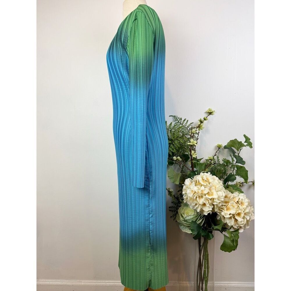 Arthur * Ribbed Pleated Midi Dress Ombré Blue Green Long Sleeve US 6 Free People - Picture 7 of 15